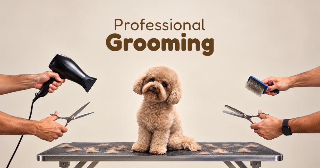 Fluffy brown poodle sitting on a grooming table surrounded by professional grooming tools, including hair dryers, brushes, and scissors.