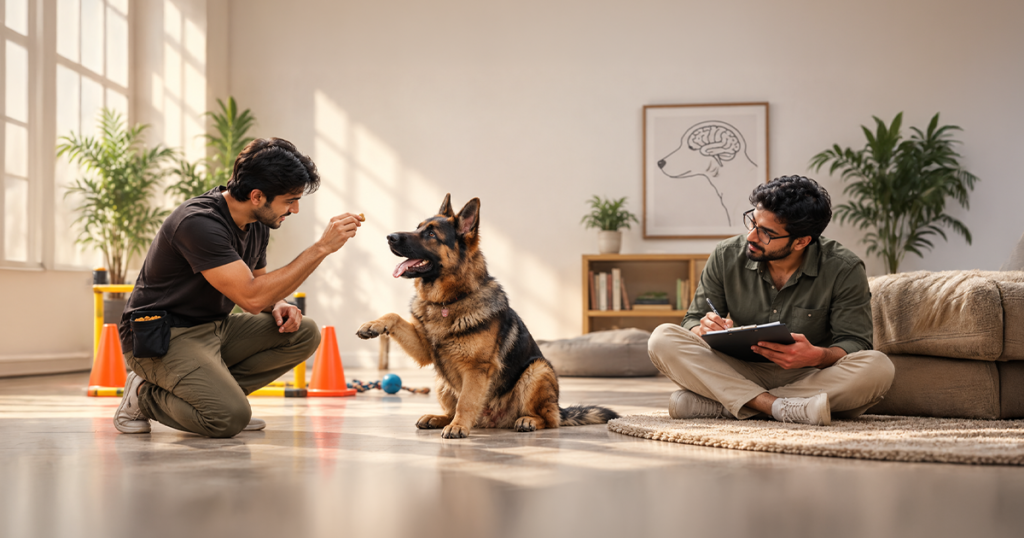 Professional dog trainer rewarding a German Shepherd during an indoor training session while a behaviour specialist observes and takes notes.