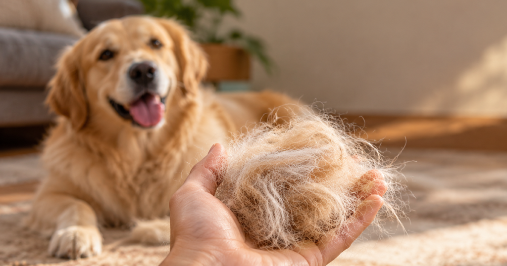 Happy Golden Retriever lying on a carpet while a person holds a handful of shed dog fur, highlighting pet shedding and coat care.