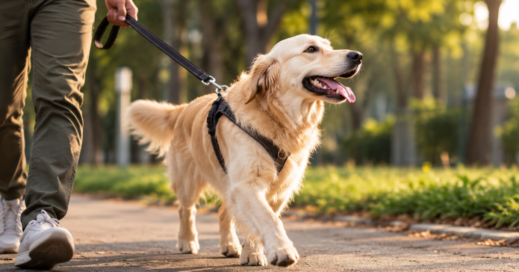 Happy Golden Retriever wearing a black harness and walking on a leash with its owner along a sunlit park pathway.