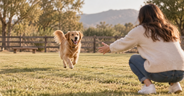 Dog recall training with a dog returning to its pet parent when called