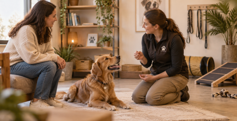 Pet parent discussing dog behaviour problems with a canine behaviour professional
