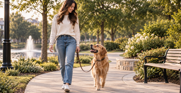 Dog leash training with a dog walking calmly on a loose leash
