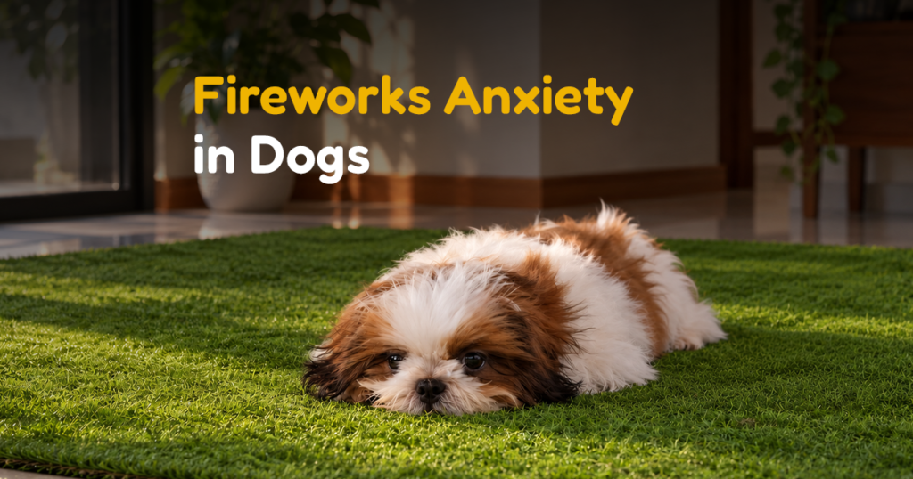 A small brown and white dog lying on green grass indoors, illustrating fireworks anxiety in dogs.